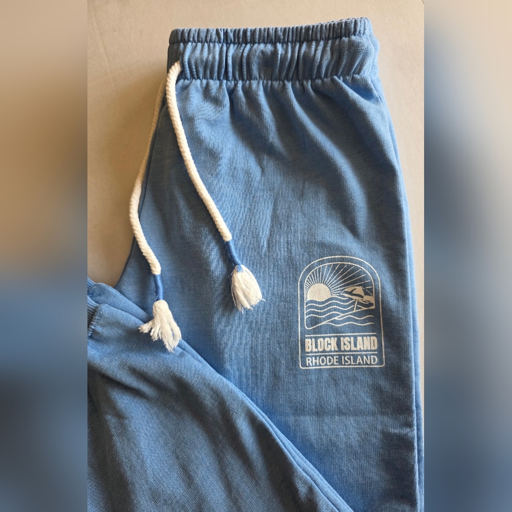 Legaci Block Island RI Baby Blue Joggers M Coastal Graphic Swratpants Athleisure - Picture 2 of 10